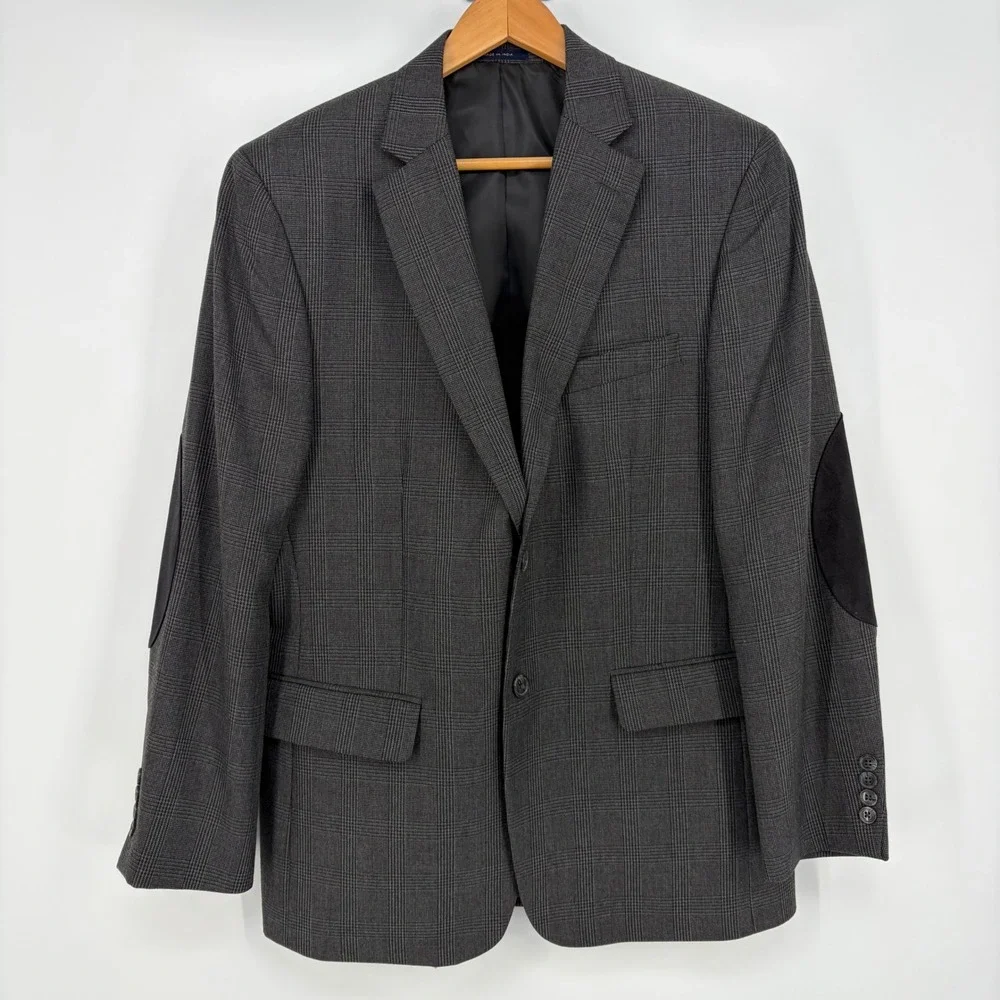Club Room Mens Sport Coat Grey Glen Plaid Blazer Jacket 40R Elbow Patches